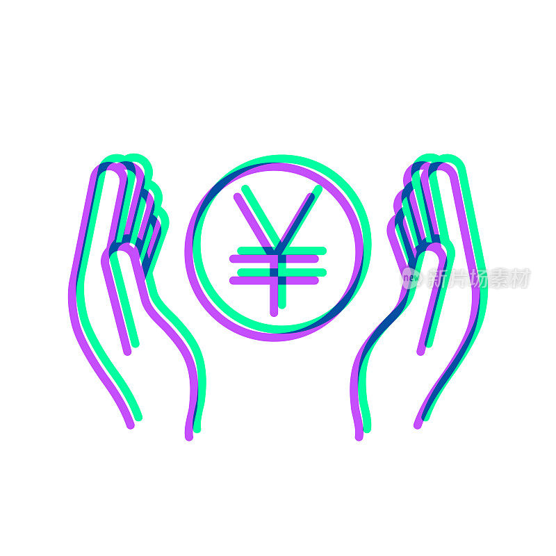 Yen coin between hands. Icon with two color overlay on white background